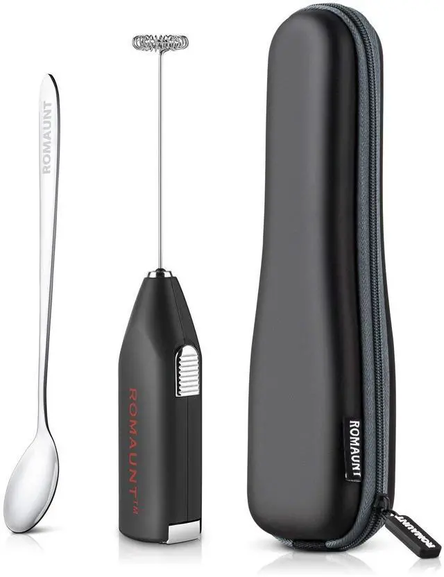 Main image of Electric Milk Frother Drink Mixer ROMAUNT Handheld Electric Battery Operated Frother Coffee Stainless Steel Foam Maker Perfect for Espresso, Latte, Cappuccino with Bonus Protective Case, Mix Spoon