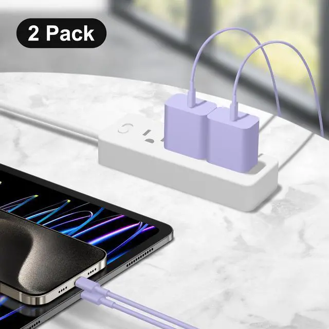 Alt view image 7 of 7 - iPhone 17 16 15 Charger Fast Charging 10FT - 2 Pack 20W USB C Charger Block with Type C Cable Compatible with iPhone 17/17 Pro/17 Pro Max/Air/16/16e/15, iPad Pro, Air M3/M2/5/4, 11th/10thPurple