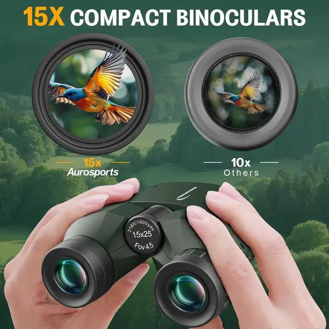 Alt view image 2 of 7 - 15x25 Compact Binoculars for Adult Kids - High Power Binoculars for Bird Watching - Easy Focus Small Binocular with Low Light Vision for Travel, Camping, Concert, Hiking -Green