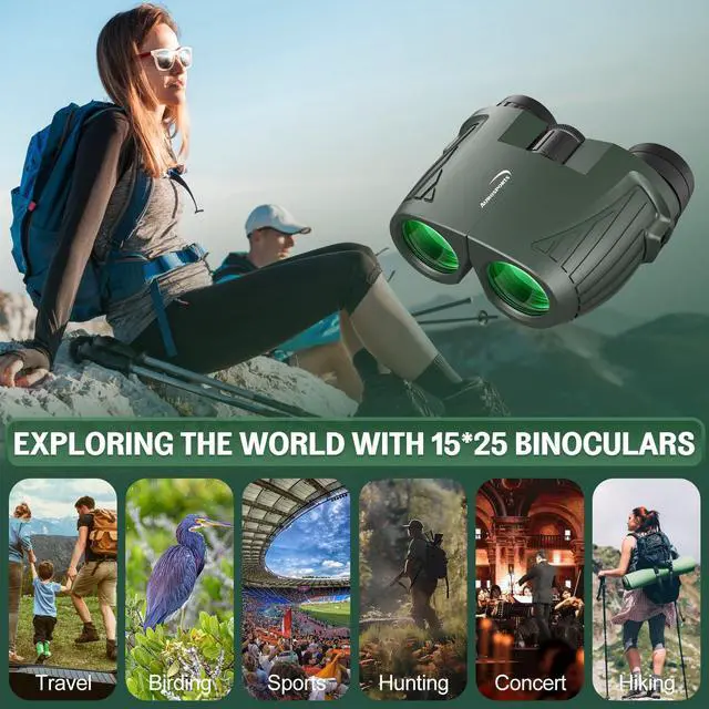 Alt view image 7 of 7 - 15x25 Compact Binoculars for Adult Kids - High Power Binoculars for Bird Watching - Easy Focus Small Binocular with Low Light Vision for Travel, Camping, Concert, Hiking -Green
