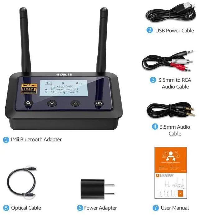 Alt view image 7 of 7 - B03Pro+ Bluetooth 5.3 Transmitter Receiver Certified LDAC for TV Home Stereo, Long Range Bluetooth Extender Wireless Audio Adapter with Screen, Optical RCA AUX 3.5mm Outputs/Inputs