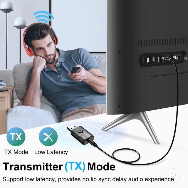 Alt view image 3 of 7 - Bluetooth 5.0 2-in-1 Transmitter and Receiver, Low Latency USB Bluetooth Audio Adapter for TV, Car, Home Stereo, Speaker, Smart TV, Tablet, Smartphone, Desktop, Headphones