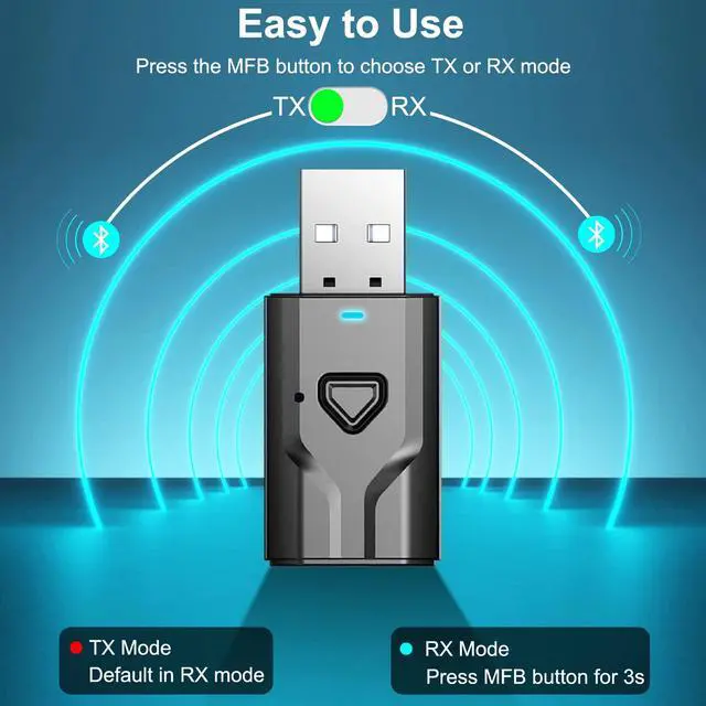 Alt view image 7 of 7 - Bluetooth 5.0 2-in-1 Transmitter and Receiver, Low Latency USB Bluetooth Audio Adapter for TV, Car, Home Stereo, Speaker, Smart TV, Tablet, Smartphone, Desktop, Headphones