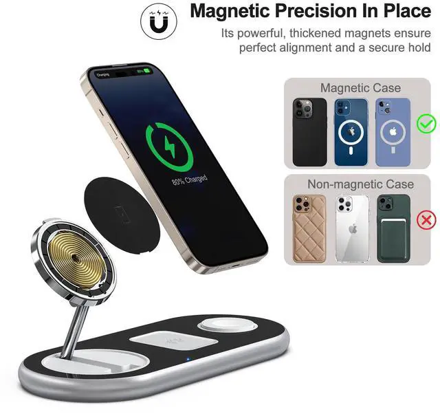 Alt view image 3 of 6 - 3 in 1 Charging Station for Apple Devices, Faster Mag-Safe Charger Stand, Magnetic Wireless Charger Station for iPhone 17 16 15 14 13 12 Pro Max Plus, Apple Watch iwacth & AirPods, Adjustable Angle