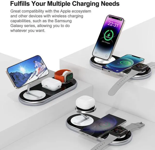 Alt view image 4 of 6 - 3 in 1 Charging Station for Apple Devices, Faster Mag-Safe Charger Stand, Magnetic Wireless Charger Station for iPhone 17 16 15 14 13 12 Pro Max Plus, Apple Watch iwacth & AirPods, Adjustable Angle