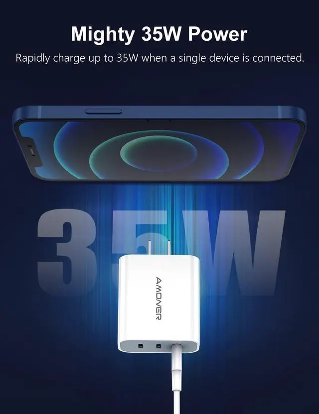 Alt view image 2 of 7 - USB C Charger, Amoner 35W iPhone Charger, 3-Port Type C Wall Charger with PD 3.0 Power Delivery Adapter for iPhone 16/16 Pro/15/14/13/12/11/SE/XS, Galaxy, Pixel 4/3 and More