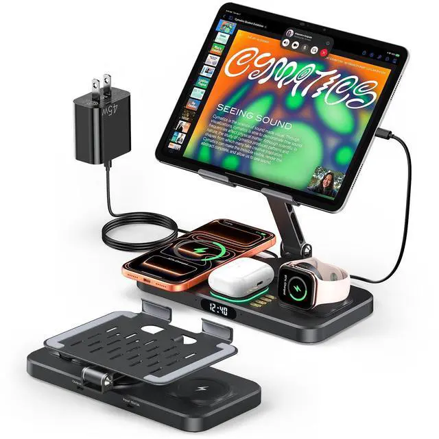 Main image of Magnetic Wireless Charging Station with 45W Adapter for Apple Devices, 20W Fast Foldable Wired Charging Stand for iPad with Clock & Night Light, Fast Mag-Safe Charger for iPhone 17, iWatch & AirPods