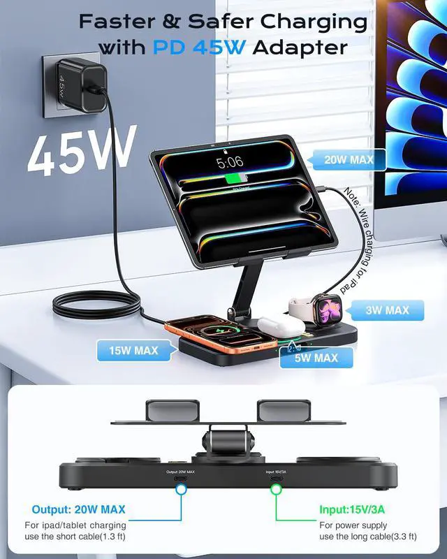 Alt view image 3 of 7 - Magnetic Wireless Charging Station with 45W Adapter for Apple Devices, 20W Fast Foldable Wired Charging Stand for iPad with Clock & Night Light, Fast Mag-Safe Charger for iPhone 17, iWatch & AirPods