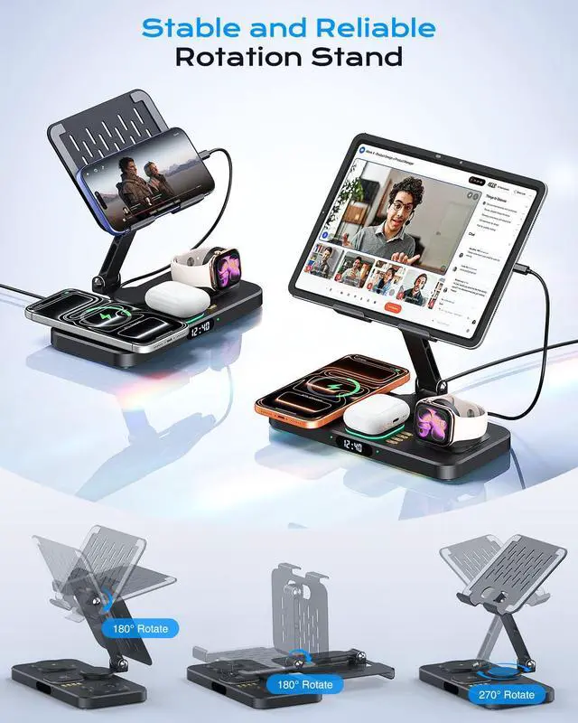 Alt view image 4 of 7 - Magnetic Wireless Charging Station with 45W Adapter for Apple Devices, 20W Fast Foldable Wired Charging Stand for iPad with Clock & Night Light, Fast Mag-Safe Charger for iPhone 17, iWatch & AirPods