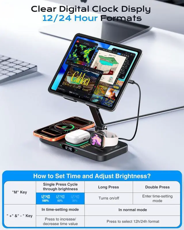 Alt view image 5 of 7 - Magnetic Wireless Charging Station with 45W Adapter for Apple Devices, 20W Fast Foldable Wired Charging Stand for iPad with Clock & Night Light, Fast Mag-Safe Charger for iPhone 17, iWatch & AirPods