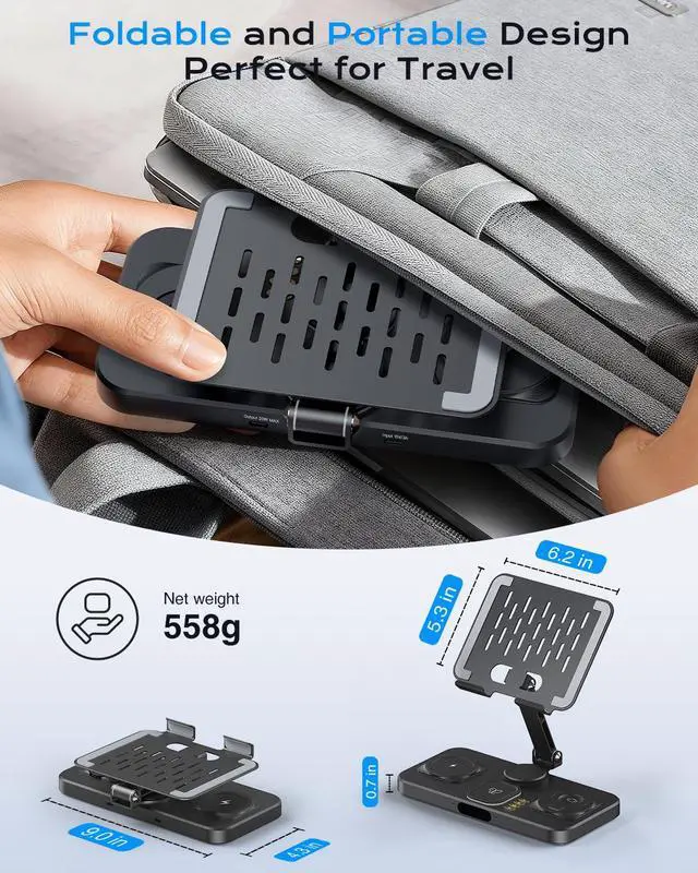 Alt view image 6 of 7 - Magnetic Wireless Charging Station with 45W Adapter for Apple Devices, 20W Fast Foldable Wired Charging Stand for iPad with Clock & Night Light, Fast Mag-Safe Charger for iPhone 17, iWatch & AirPods