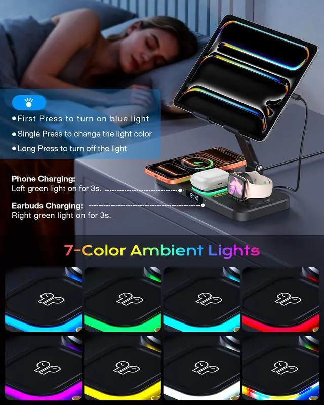 Alt view image 7 of 7 - Magnetic Wireless Charging Station with 45W Adapter for Apple Devices, 20W Fast Foldable Wired Charging Stand for iPad with Clock & Night Light, Fast Mag-Safe Charger for iPhone 17, iWatch & AirPods