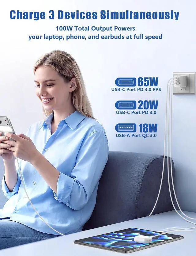 Alt view image 5 of 7 - 3port 100W C Wall Charger, 65W USB C Fast Charger and 4Pack 3/6/10/10FT Long USBC Quick Charge Cable Cord for Samsung Galaxy S26/S25/S24/S23 Ultra/S22/S21/S20/Note 20/10 Android Phones