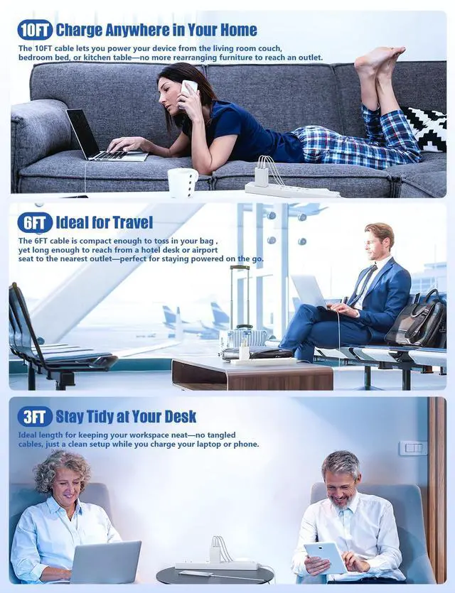 Alt view image 7 of 7 - 3port 100W C Wall Charger, 65W USB C Fast Charger and 4Pack 3/6/10/10FT Long USBC Quick Charge Cable Cord for Samsung Galaxy S26/S25/S24/S23 Ultra/S22/S21/S20/Note 20/10 Android Phones