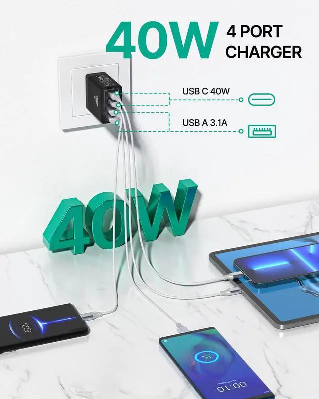 Alt view image 3 of 6 - USB C Charger Block, 40W USB C Wall Charger PD+QC 3.0 Double Port Power Adapter, 4-Port Multiport Fast Charging Block Plug for iPhone 15 Plus 14 13 12 11 Pro Max XS XR X 8 7 6 SE, iPad, Samsung, Moto