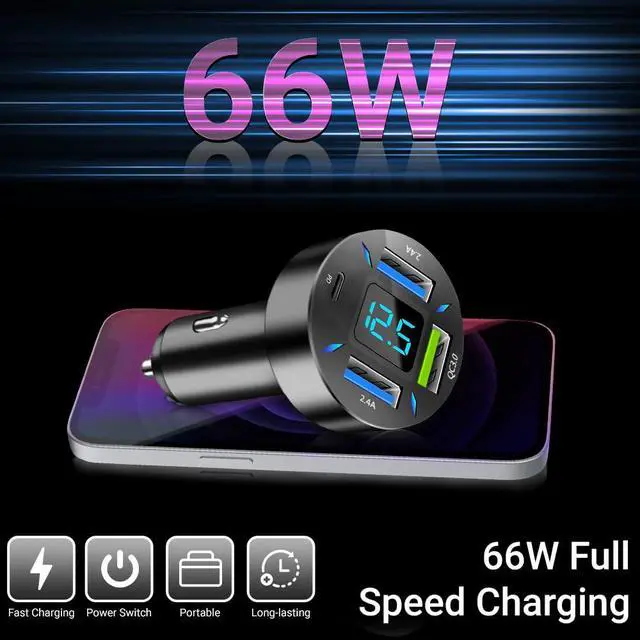 Alt view image 2 of 5 - 66W 4-Port Car Charger PD & QC 3.0 Fast Charging Cigarette Lighter Adapter, Dual Type-C + Dual Type-A Ports Compatible with iPhone, Android & Tablets