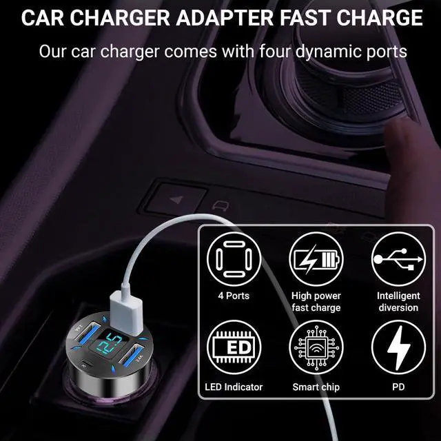 Alt view image 4 of 5 - 66W 4-Port Car Charger PD & QC 3.0 Fast Charging Cigarette Lighter Adapter, Dual Type-C + Dual Type-A Ports Compatible with iPhone, Android & Tablets