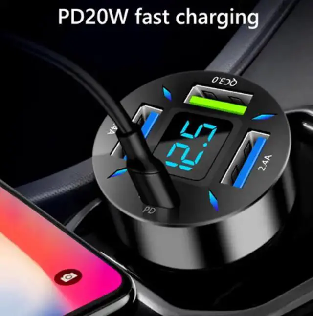 Alt view image 5 of 5 - 66W 4-Port Car Charger PD & QC 3.0 Fast Charging Cigarette Lighter Adapter, Dual Type-C + Dual Type-A Ports Compatible with iPhone, Android & Tablets