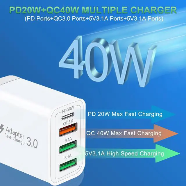 Alt view image 2 of 7 - 40W QC3.0 USB C Charger Block, CARZONJX 4 Port PD+QC Power Adapter Fast Charging Blocks USB C Wall Plug Multiport for iPhone 15 14 13 12 11 XS XR X 8, iPad, Galaxy, Tablet, Notebook