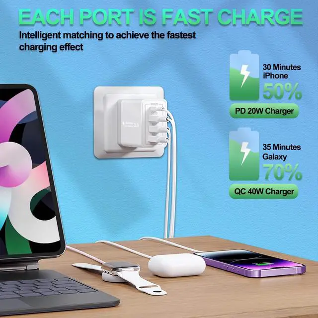 Alt view image 3 of 7 - 40W QC3.0 USB C Charger Block, CARZONJX 4 Port PD+QC Power Adapter Fast Charging Blocks USB C Wall Plug Multiport for iPhone 15 14 13 12 11 XS XR X 8, iPad, Galaxy, Tablet, Notebook