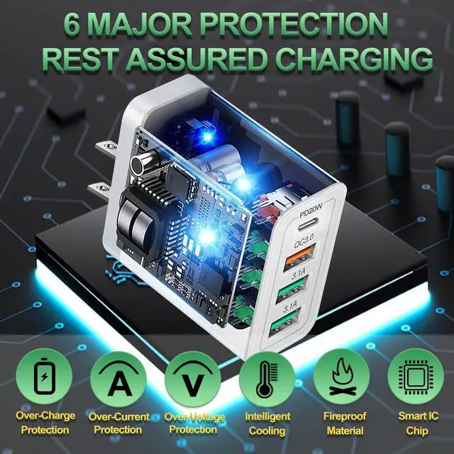Alt view image 4 of 7 - 40W QC3.0 USB C Charger Block, CARZONJX 4 Port PD+QC Power Adapter Fast Charging Blocks USB C Wall Plug Multiport for iPhone 15 14 13 12 11 XS XR X 8, iPad, Galaxy, Tablet, Notebook