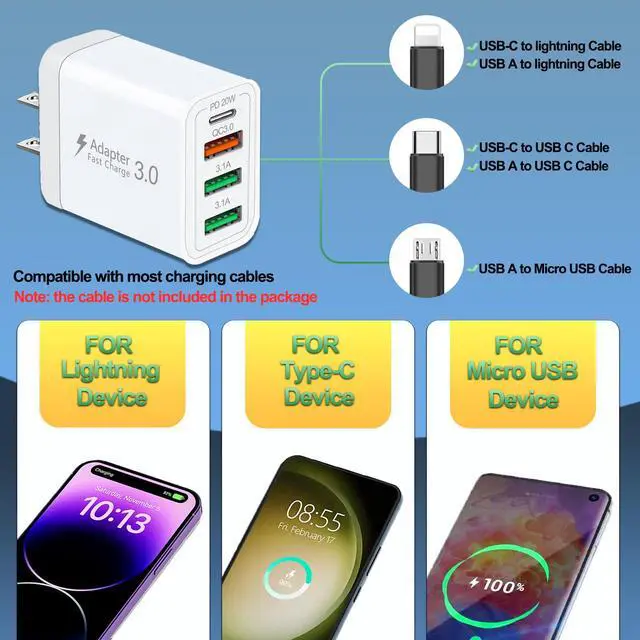 Alt view image 6 of 7 - 40W QC3.0 USB C Charger Block, CARZONJX 4 Port PD+QC Power Adapter Fast Charging Blocks USB C Wall Plug Multiport for iPhone 15 14 13 12 11 XS XR X 8, iPad, Galaxy, Tablet, Notebook