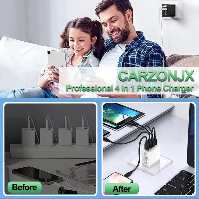 Alt view image 7 of 7 - 40W QC3.0 USB C Charger Block, CARZONJX 4 Port PD+QC Power Adapter Fast Charging Blocks USB C Wall Plug Multiport for iPhone 15 14 13 12 11 XS XR X 8, iPad, Galaxy, Tablet, Notebook