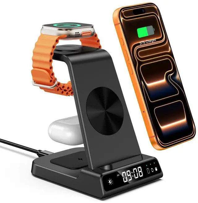 Main image of Wireless Charger for iPhone 17, 3 in 1 Charging Station for Apple Watch Watch 11/10/9/8/7/6/5, Ultra 3/SE 3, for iPhone 17/16/15/14/13/12/11/X Series, for Air Pods Pro 3/4/Pro 2 (No Adapter)