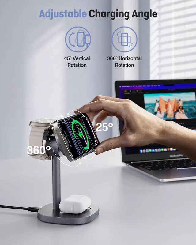 Alt view image 3 of 7 - 3 in 1 Wireless Charging Station, Qi2.2 25W Certified Fast Magnetic Charger, Mag-Safe Wireless Charger Stand with TEC Active Cooling, for iPhone17/16/15/14/13/12, Apple Watch/AirPods
