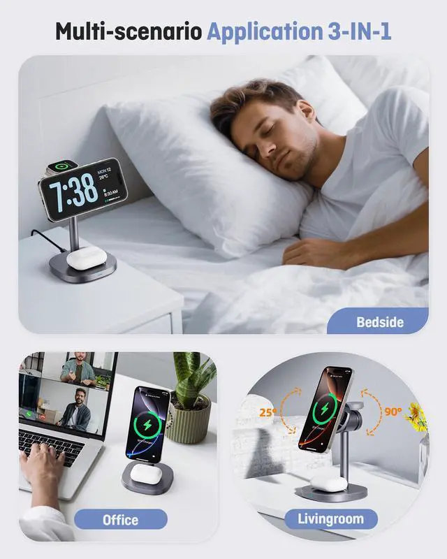 Alt view image 5 of 7 - 3 in 1 Wireless Charging Station, Qi2.2 25W Certified Fast Magnetic Charger, Mag-Safe Wireless Charger Stand with TEC Active Cooling, for iPhone17/16/15/14/13/12, Apple Watch/AirPods