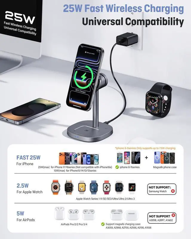 Alt view image 6 of 7 - 3 in 1 Wireless Charging Station, Qi2.2 25W Certified Fast Magnetic Charger, Mag-Safe Wireless Charger Stand with TEC Active Cooling, for iPhone17/16/15/14/13/12, Apple Watch/AirPods