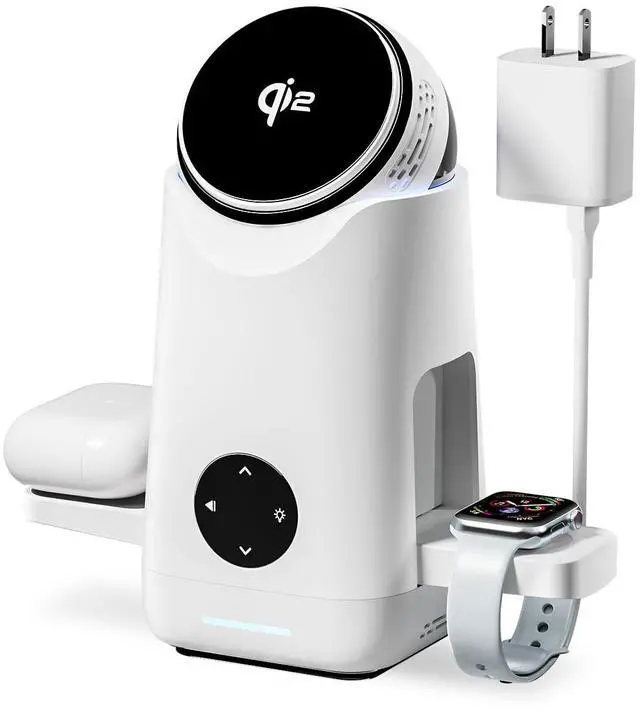Main image of 3-in-1 Charging Station for Apple & Samsung - Qi2 Certified 15W Rotating Wireless Mag-Safe Charger Stand for Apple - iPhone 17 16 15 14 13 12, AirPods, Apple & Galaxy Watch, Samsung S25 S24 Bud(White)