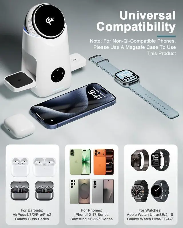 Alt view image 4 of 6 - 3-in-1 Charging Station for Apple & Samsung - Qi2 Certified 15W Rotating Wireless Mag-Safe Charger Stand for Apple - iPhone 17 16 15 14 13 12, AirPods, Apple & Galaxy Watch, Samsung S25 S24 Bud(White)