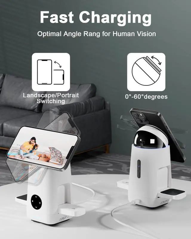 Alt view image 5 of 6 - 3-in-1 Charging Station for Apple & Samsung - Qi2 Certified 15W Rotating Wireless Mag-Safe Charger Stand for Apple - iPhone 17 16 15 14 13 12, AirPods, Apple & Galaxy Watch, Samsung S25 S24 Bud(White)