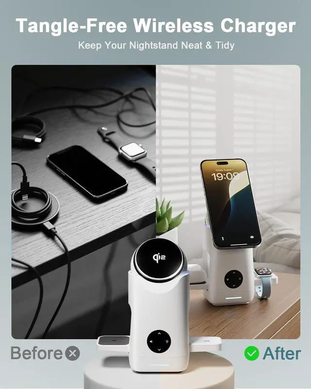 Alt view image 6 of 6 - 3-in-1 Charging Station for Apple & Samsung - Qi2 Certified 15W Rotating Wireless Mag-Safe Charger Stand for Apple - iPhone 17 16 15 14 13 12, AirPods, Apple & Galaxy Watch, Samsung S25 S24 Bud(White)