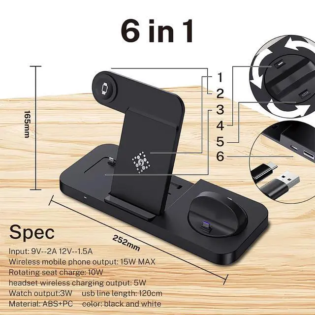 Alt view image 7 of 7 - 6-in-1 Fast Wireless Charging Station for iPhone 16/15/14/13, Apple Watch Ultra/9/8, AirPods Pro,18W Qi-Certified (B21A-C-BLACK)