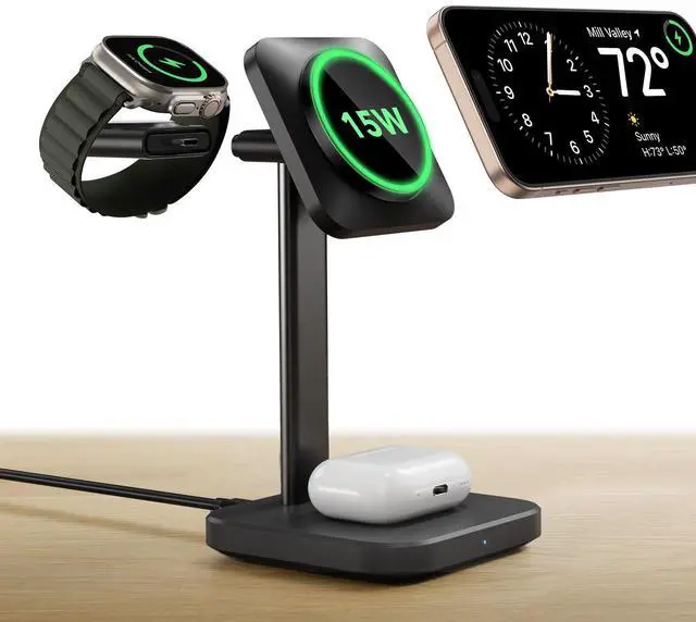 Main image of for 3 in 1 Wireless Charging Station, Certified Apple Watch Charger, 15W MagSafe Charger Stand for iPhone, Wireless Charger for Multiple Devices iPhone 17/16/15/14/13, Watch, AirPods, Black