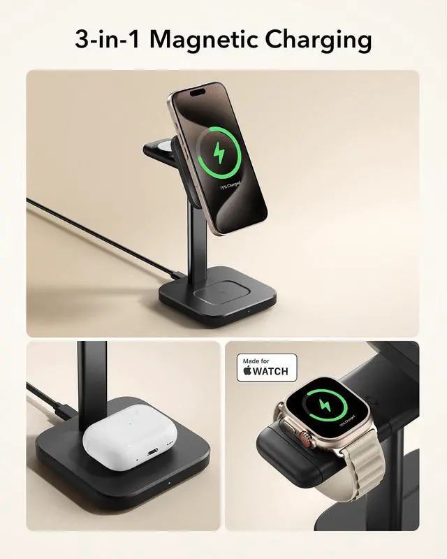 Alt view image 7 of 7 - for 3 in 1 Wireless Charging Station, Certified Apple Watch Charger, 15W MagSafe Charger Stand for iPhone, Wireless Charger for Multiple Devices iPhone 17/16/15/14/13, Watch, AirPods, Black
