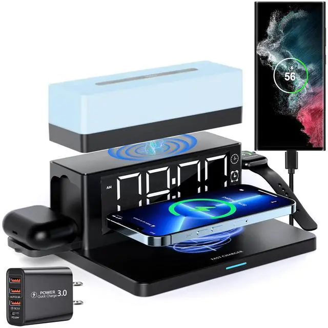 Main image of Wireless Charger,6 in 1 Wireless Charging Station with Digital Alarm Clock&Night Light,15W Fast Charger Compatible with iPhone 16/15/14/13/12/11,Samsung Galaxy AirPods & Apple Watch