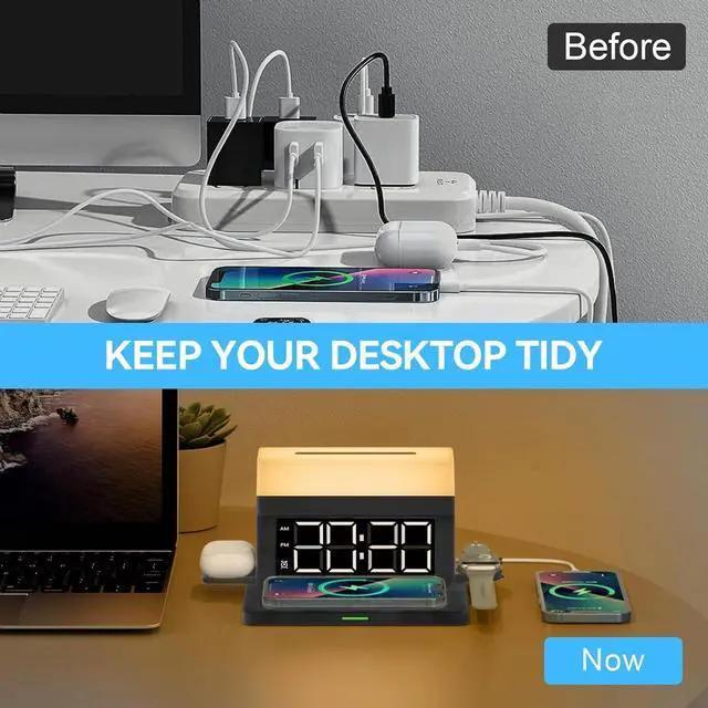 Alt view image 4 of 7 - Wireless Charger,6 in 1 Wireless Charging Station with Digital Alarm Clock&Night Light,15W Fast Charger Compatible with iPhone 16/15/14/13/12/11,Samsung Galaxy AirPods & Apple Watch