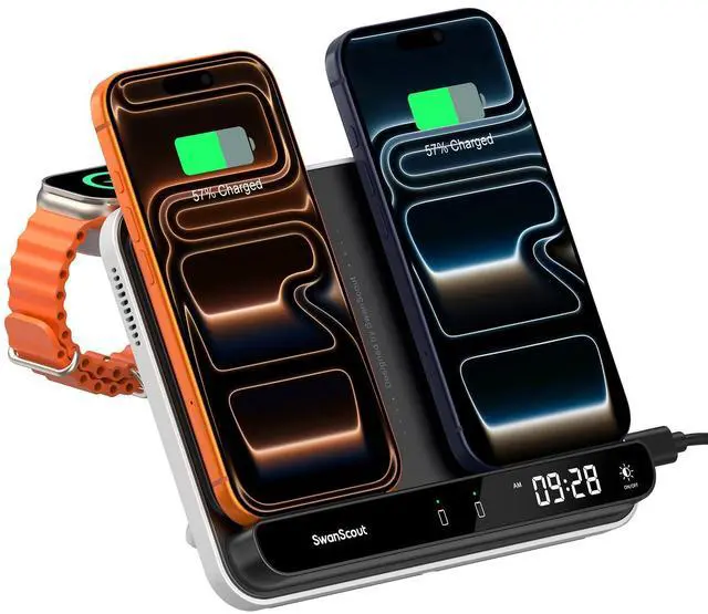 Main image of Dual Phone Charger, SwanScout 710A, Wireless Charger for iPhone 17/16/15/14/13/12/11/8/X Series, for Apple Watch 11/10/9/8/7/6, Ultra 3/SE 3, for AirPods Pro 3/4/Pro 2/Pro/3