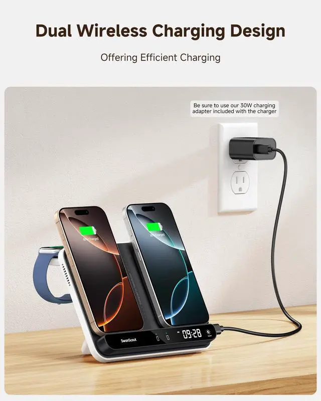 Alt view image 2 of 7 - Dual Phone Charger, SwanScout 710A, Wireless Charger for iPhone 17/16/15/14/13/12/11/8/X Series, for Apple Watch 11/10/9/8/7/6, Ultra 3/SE 3, for AirPods Pro 3/4/Pro 2/Pro/3