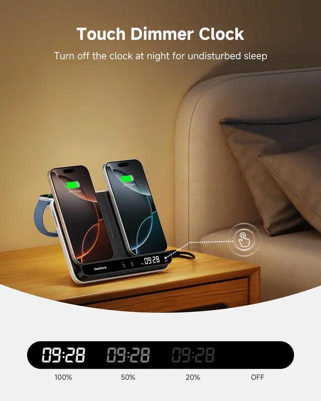 Alt view image 3 of 7 - Dual Phone Charger, SwanScout 710A, Wireless Charger for iPhone 17/16/15/14/13/12/11/8/X Series, for Apple Watch 11/10/9/8/7/6, Ultra 3/SE 3, for AirPods Pro 3/4/Pro 2/Pro/3