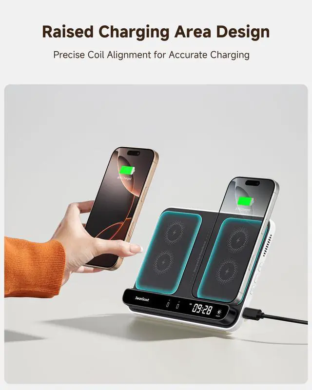 Alt view image 7 of 7 - Dual Phone Charger, SwanScout 710A, Wireless Charger for iPhone 17/16/15/14/13/12/11/8/X Series, for Apple Watch 11/10/9/8/7/6, Ultra 3/SE 3, for AirPods Pro 3/4/Pro 2/Pro/3