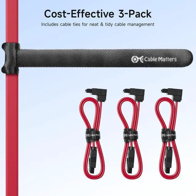 Alt view image 7 of 7 - 3-Pack 90 Degree SATA Cable - 18 Inch, SATA III 6Gbps Right Angle Data Cable for SSD, HDD, CD/DVD Drives, Hard Drive, Optical Drive, Gaming PC, Desktop, Motherboard, Red