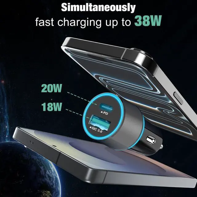 Alt view image 2 of 7 - 38W USB C Car Charger Adapter, 20W Fast USBC & 18W Rapid QC3.0 Ports, 12V Cigarette Lighter Adapter, Type C Auto Plug Outlet Accessories for iPhone 17 16 15 14, Google Samsung S26, Android Cell Phone