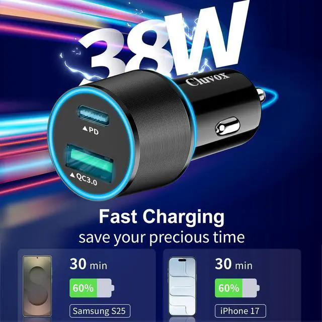 Alt view image 3 of 7 - 38W USB C Car Charger Adapter, 20W Fast USBC & 18W Rapid QC3.0 Ports, 12V Cigarette Lighter Adapter, Type C Auto Plug Outlet Accessories for iPhone 17 16 15 14, Google Samsung S26, Android Cell Phone
