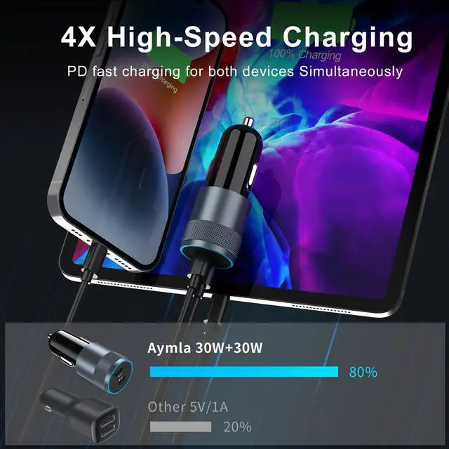 Alt view image 2 of 7 - 5 Pack USB C Car Charger Adapter, Aymla 60W Dual PD 3.0 Auto Cigarette Lighter Car Plug 2 Ports Type-C Fast Charging for iPhone 17/16 Pro Max/15 Plus, Samsung Galaxy S26/S25, Google Pixel 10, iPad