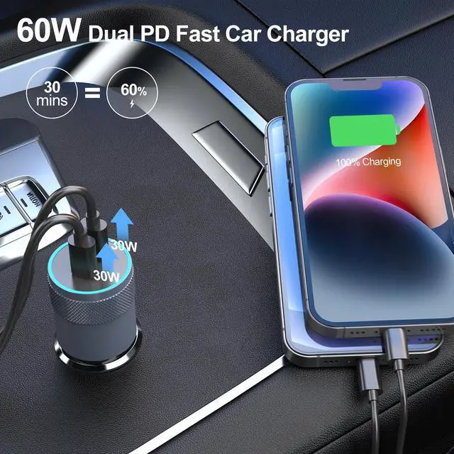 Alt view image 3 of 7 - 5 Pack USB C Car Charger Adapter, Aymla 60W Dual PD 3.0 Auto Cigarette Lighter Car Plug 2 Ports Type-C Fast Charging for iPhone 17/16 Pro Max/15 Plus, Samsung Galaxy S26/S25, Google Pixel 10, iPad