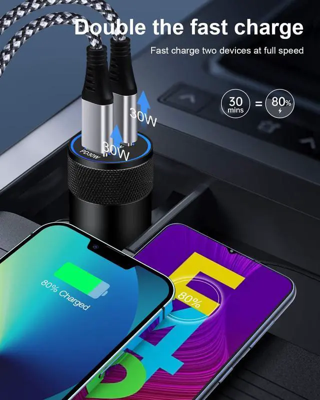 Alt view image 5 of 7 - 60W USB C Car Charger, 2 Pack AILKIN USB C Cigarette Lighter Adapter Fast Charging Dual Port PD3.0 Type C Car Charger Plug Compatible with iPhone 17 16 15 14 Pro Max Galaxy S26/S25/S24 Pixel 10 9Pro